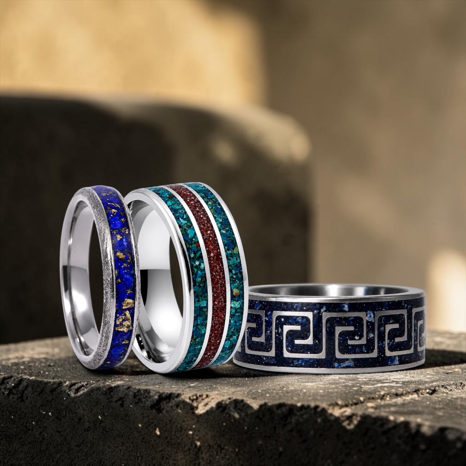 Artistic rings featuring colorful gemstones, brass accents, and handcrafted inlay designs.