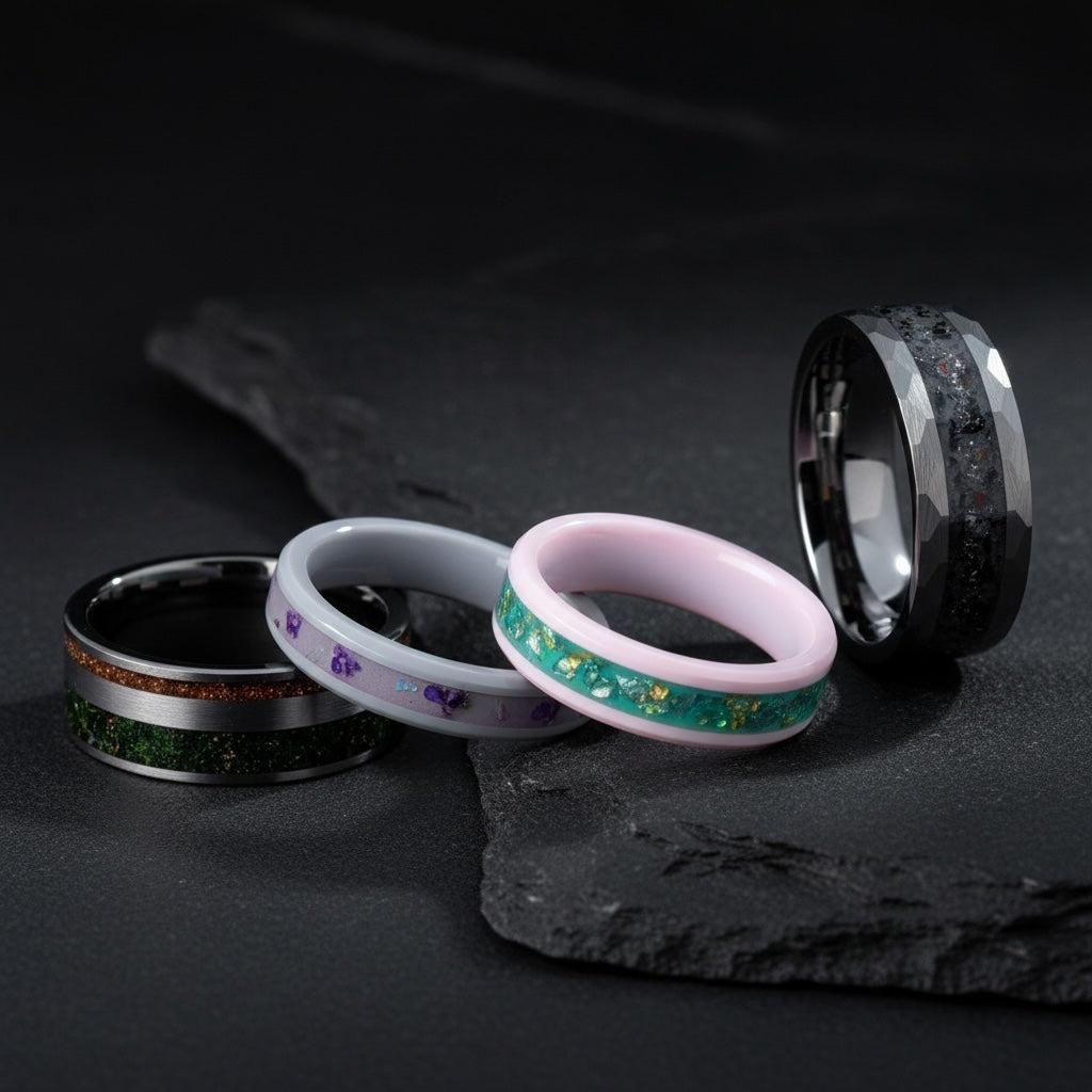 best seller bands designed for both men and women, crafted with high-quality materials like tungsten, ceramic, silver, and gold. 