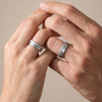 Dualis wedding set featuring two-tone frosted finish and satin finish with architectural groove detail