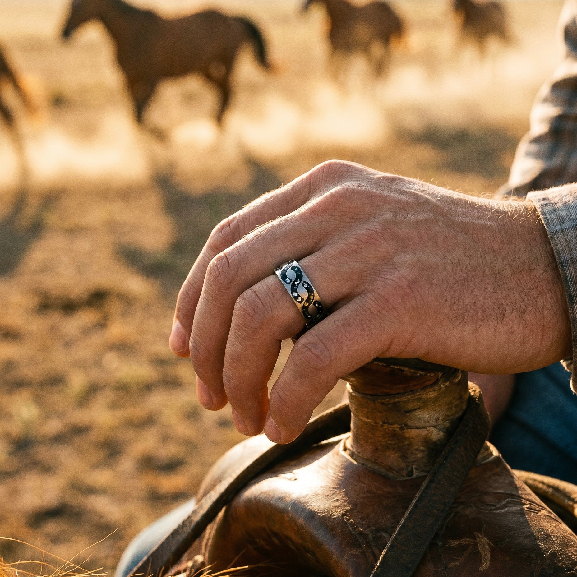 Abyssforge titanium ring featuring Megalodon tooth fragments, Campo del Cielo meteorite shavings, Mount Etna lava stone, green opal accents, and a sculpted flowing pattern.