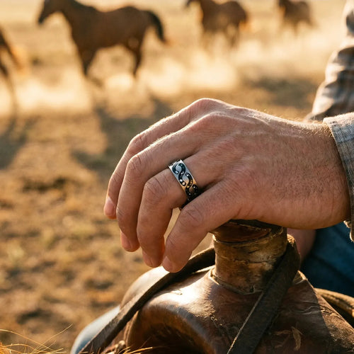 Abyssforge titanium ring featuring Megalodon tooth fragments, Campo del Cielo meteorite shavings, Mount Etna lava stone, green opal accents, and a sculpted flowing pattern.