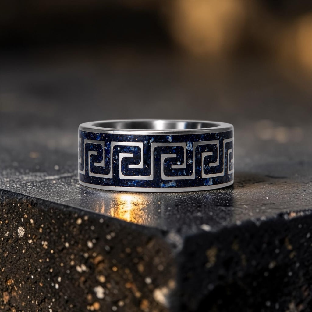 Titanium Greek key ring with blue goldstone and silver leaf inlay, geometric design with deep blue shimmer