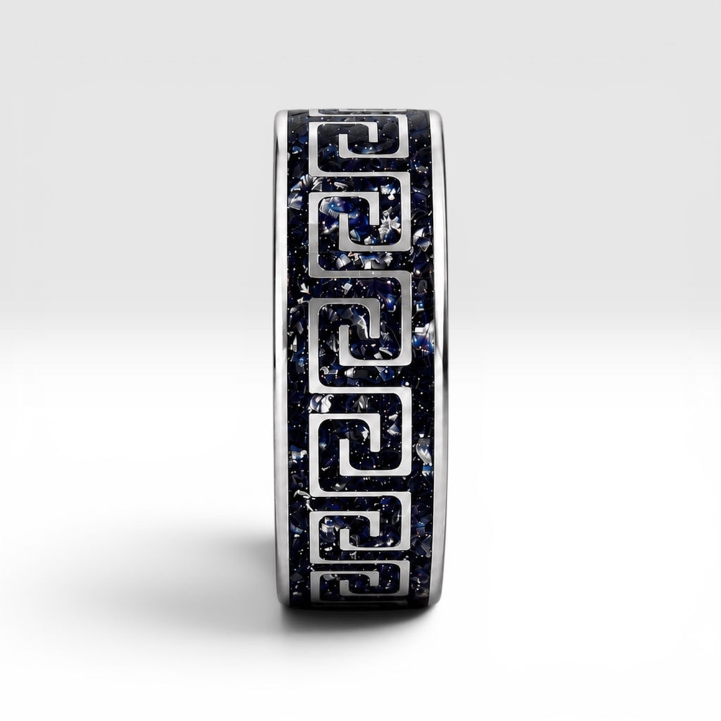 Titanium Greek key ring with blue goldstone and silver leaf inlay, geometric design with deep blue shimmer