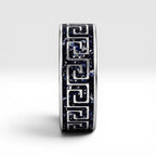 Titanium Greek key ring with blue goldstone and silver leaf inlay, geometric design with deep blue shimmer