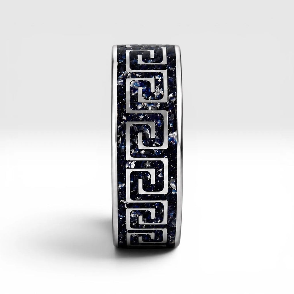 Titanium Greek key ring with blue goldstone and silver leaf inlay, geometric design with deep blue shimmer