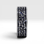 Titanium Greek key ring with blue goldstone and silver leaf inlay, geometric design with deep blue shimmer