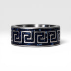 Titanium Greek key ring with blue goldstone and silver leaf inlay, geometric design with deep blue shimmer