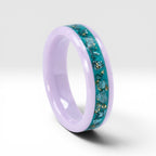 Pink ceramic ring with teal sea glass and gold leaf inlay, smooth polished band with ocean inspired design