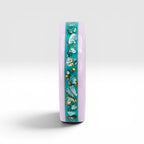 Pink ceramic ring with teal sea glass and gold leaf inlay, smooth polished band with ocean inspired design