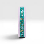 Pink ceramic ring with teal sea glass and gold leaf inlay, smooth polished band with ocean inspired design