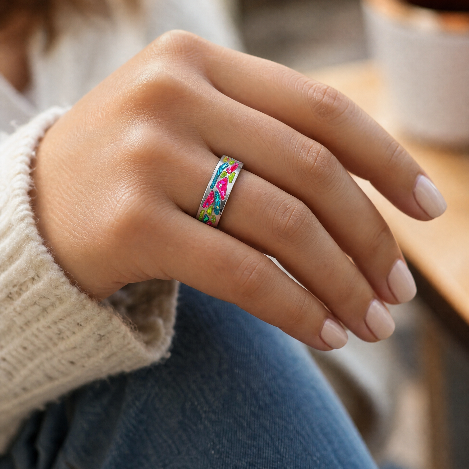 Arcadia titanium ring featuring a colorful abstract inlay with multi-color glow-in-the-dark elements inspired by retro arcade aesthetics.