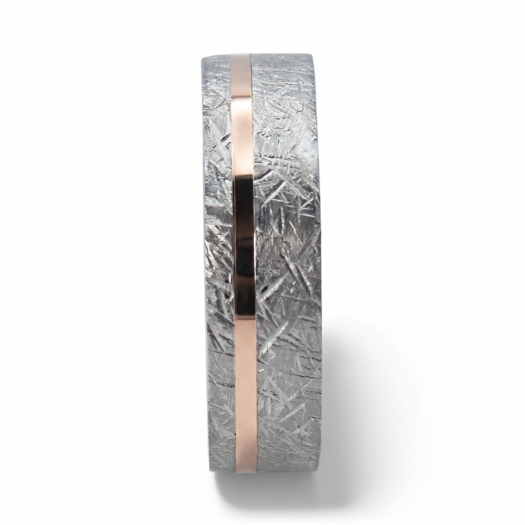 Sterling silver ring with rose gold offset inlay and meteorite texture, minimalist handcrafted wedding band