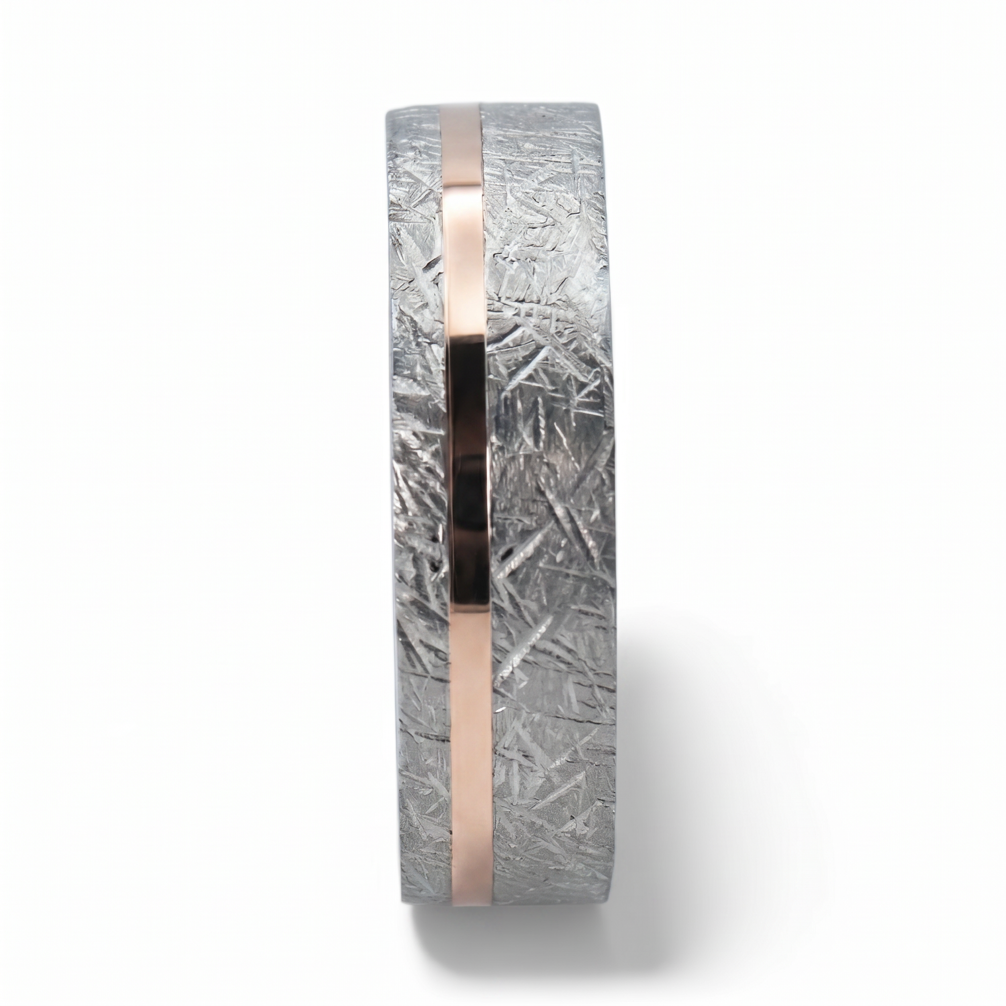 Sterling silver ring with rose gold offset inlay and meteorite texture, minimalist handcrafted wedding band