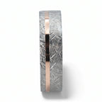 Sterling silver ring with rose gold offset inlay and meteorite texture, minimalist handcrafted wedding band