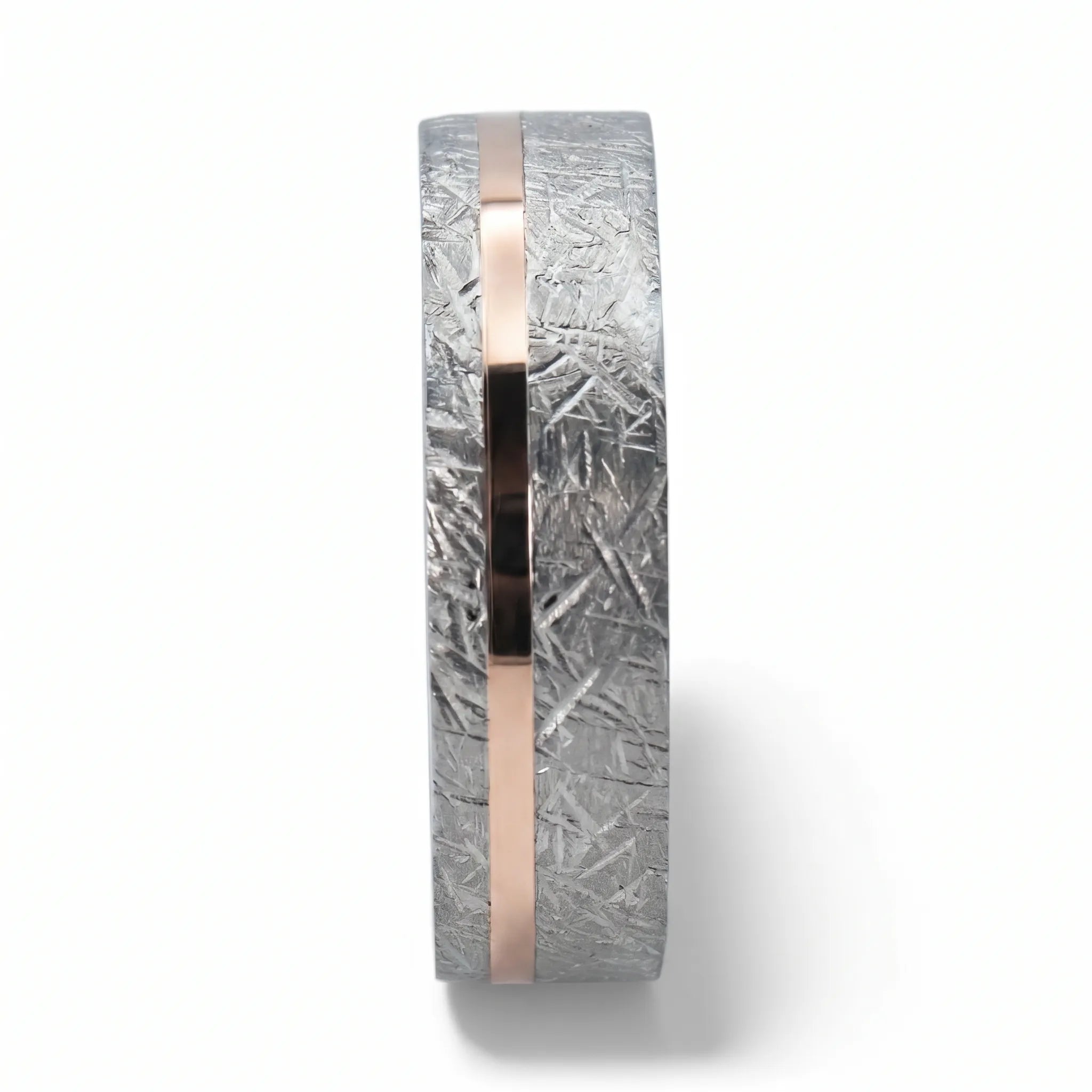 Sterling silver ring with rose gold offset inlay and meteorite texture, minimalist handcrafted wedding band