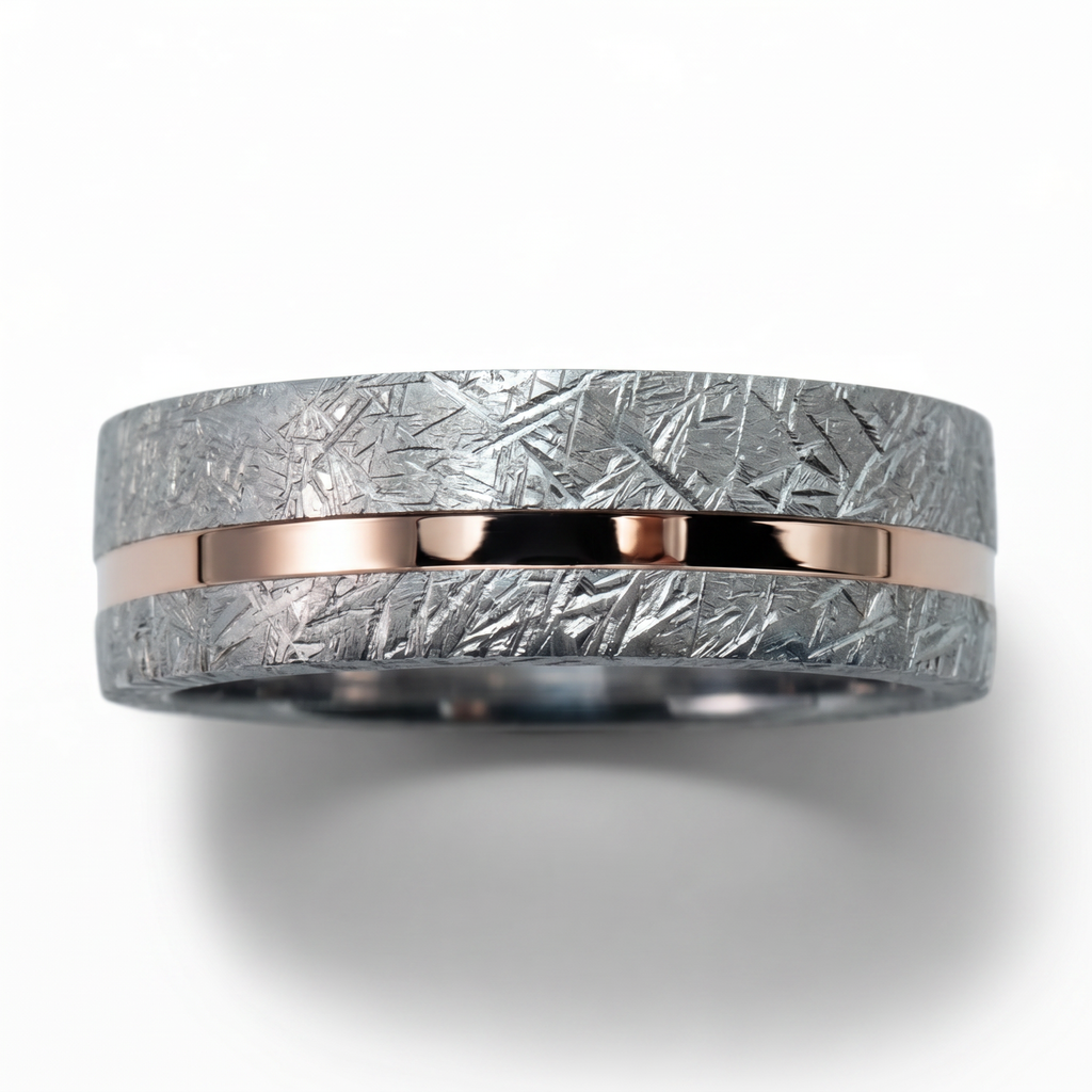 Sterling silver ring with rose gold offset inlay and meteorite texture, minimalist handcrafted wedding band