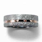 Sterling silver ring with rose gold offset inlay and meteorite texture, minimalist handcrafted wedding band