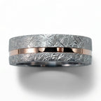 Sterling silver ring with rose gold offset inlay and meteorite texture, minimalist handcrafted wedding band