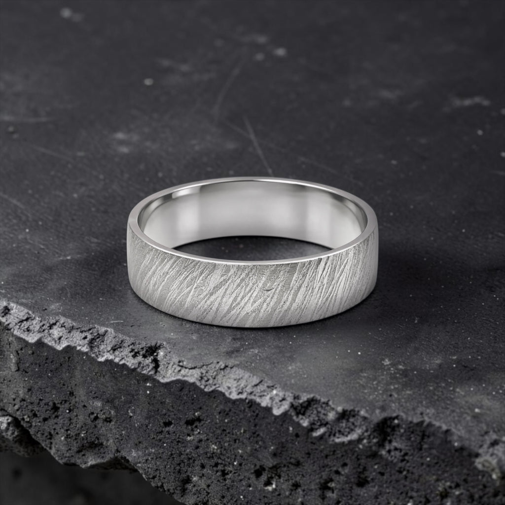 Sterling silver ring with meteorite inspired rugged texture, minimalist handmade unisex band