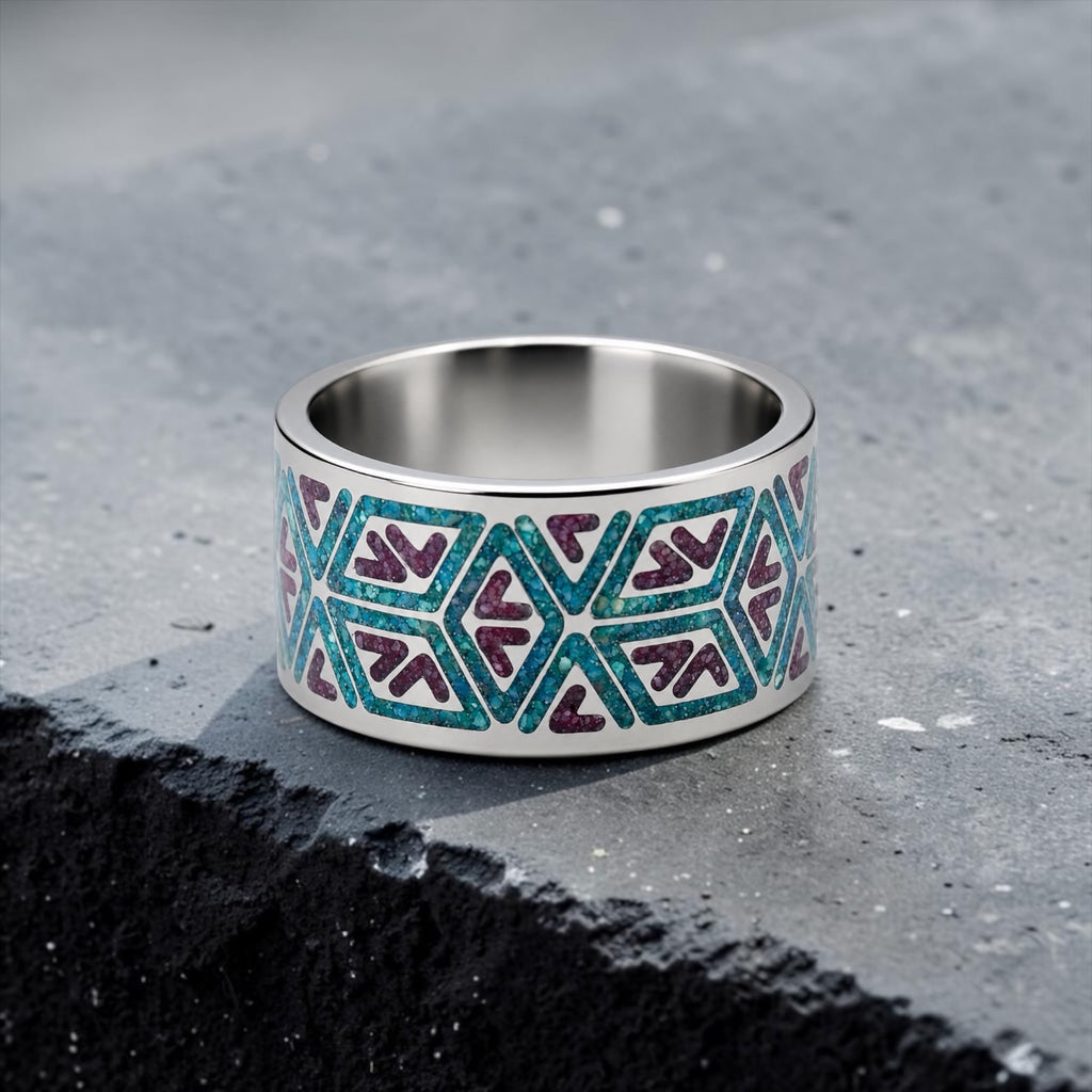 Titanium geometric ring with chrysocolla and cinnabar inlay, bold handcrafted design with blue and red contrast