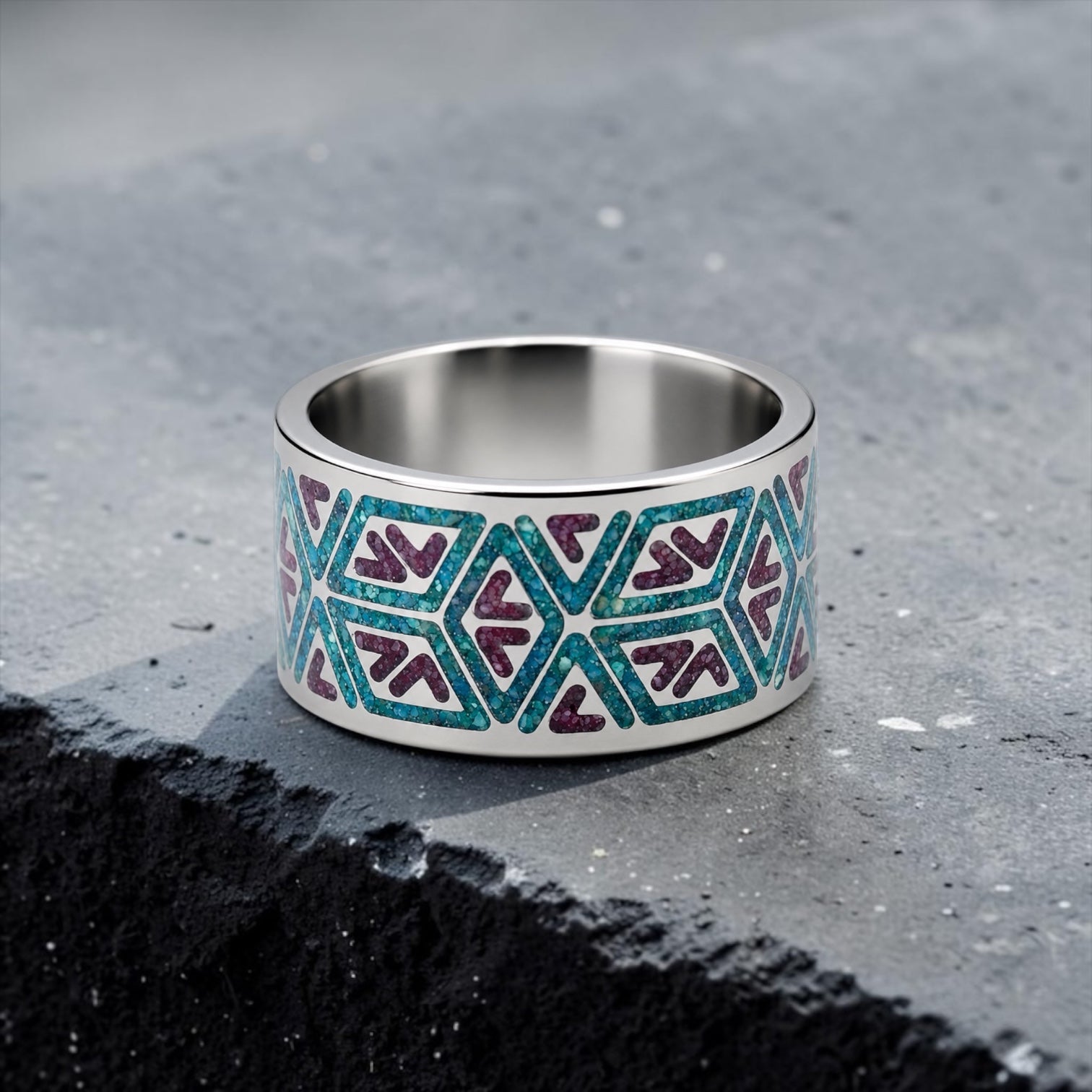 Titanium geometric ring with chrysocolla and cinnabar inlay, bold handcrafted design with blue and red contrast