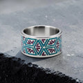 Titanium geometric ring with chrysocolla and cinnabar inlay, bold handcrafted design with blue and red contrast