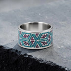 Titanium geometric ring with chrysocolla and cinnabar inlay, bold handcrafted design with blue and red contrast