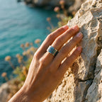 Titanium geometric ring with chrysocolla and cinnabar inlay, bold handcrafted design with blue and red contrast