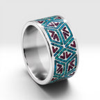 Titanium geometric ring with chrysocolla and cinnabar inlay, bold handcrafted design with blue and red contrast