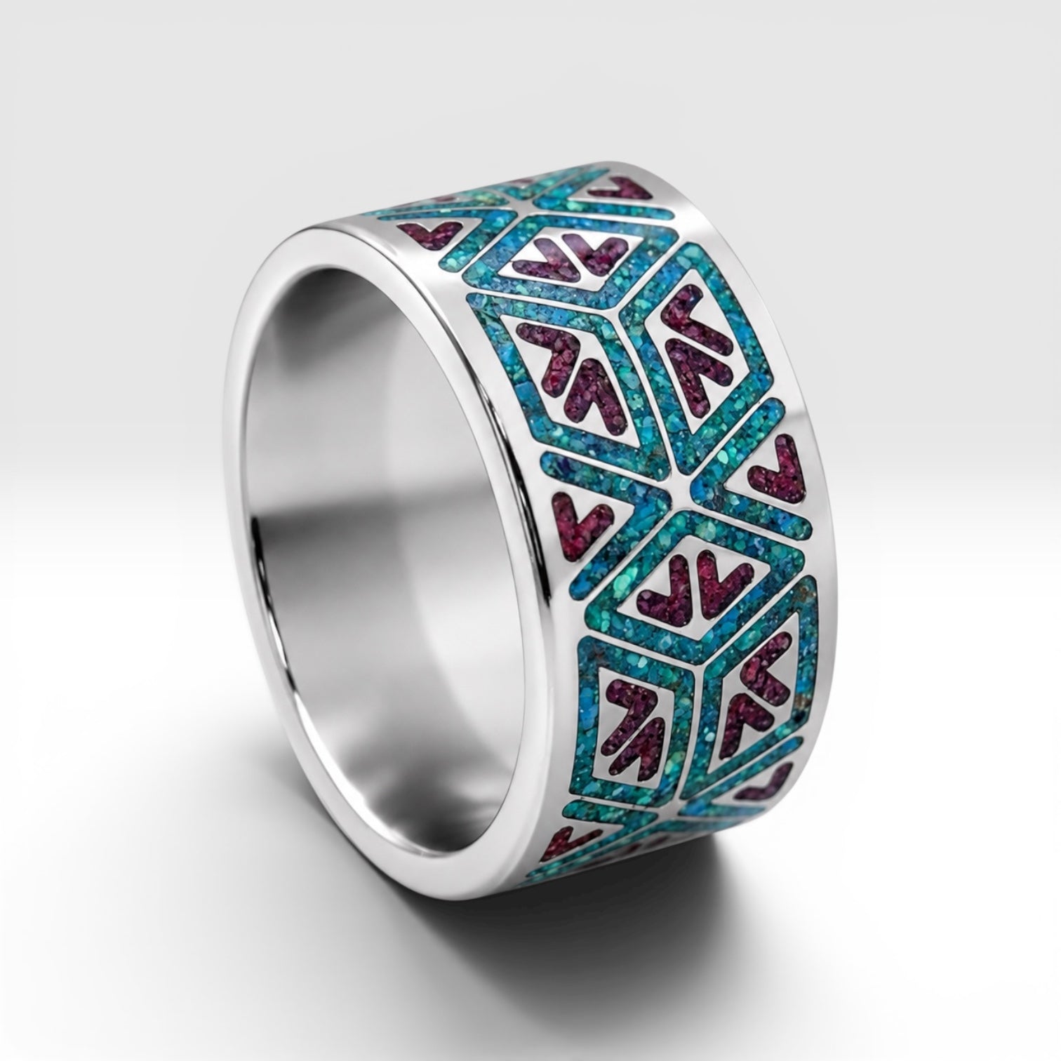 Titanium geometric ring with chrysocolla and cinnabar inlay, bold handcrafted design with blue and red contrast