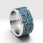 Titanium geometric ring with chrysocolla and cinnabar inlay, bold handcrafted design with blue and red contrast
