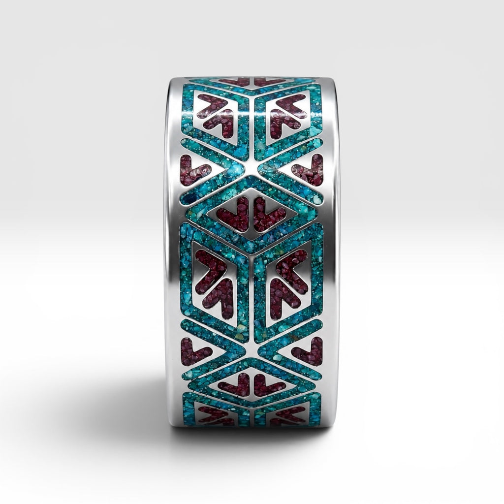 Titanium geometric ring with chrysocolla and cinnabar inlay, bold handcrafted design with blue and red contrast