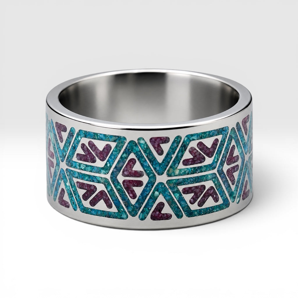 Titanium geometric ring with chrysocolla and cinnabar inlay, bold handcrafted design with blue and red contrast