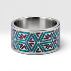 Titanium geometric ring with chrysocolla and cinnabar inlay, bold handcrafted design with blue and red contrast