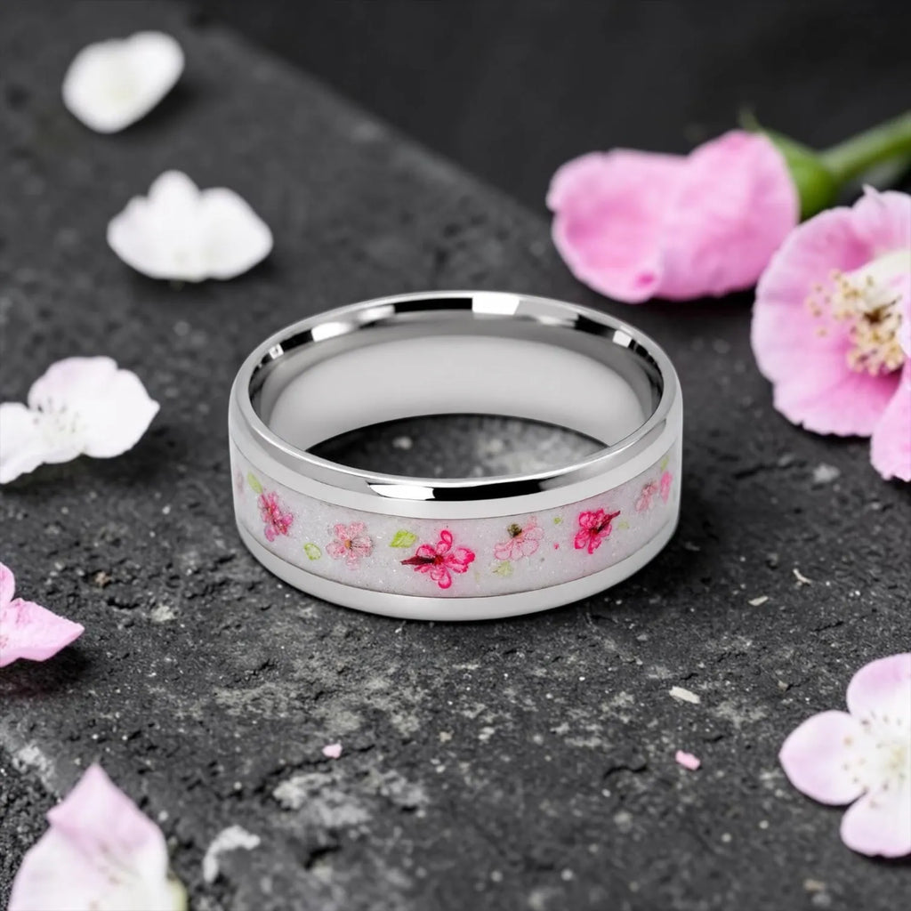 Cobalt ring with real pressed flowers and shimmering inlay, polished band with nature inspired design