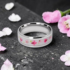 Cobalt ring with real pressed flowers and shimmering inlay, polished band with nature inspired design
