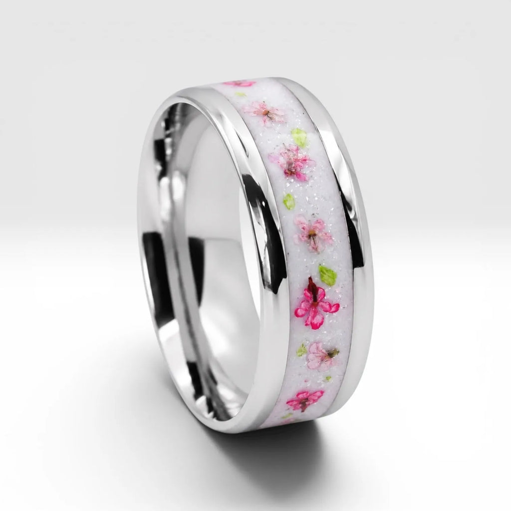 Cobalt ring with real pressed flowers and shimmering inlay, polished band with nature inspired design