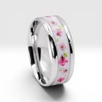 Cobalt ring with real pressed flowers and shimmering inlay, polished band with nature inspired design