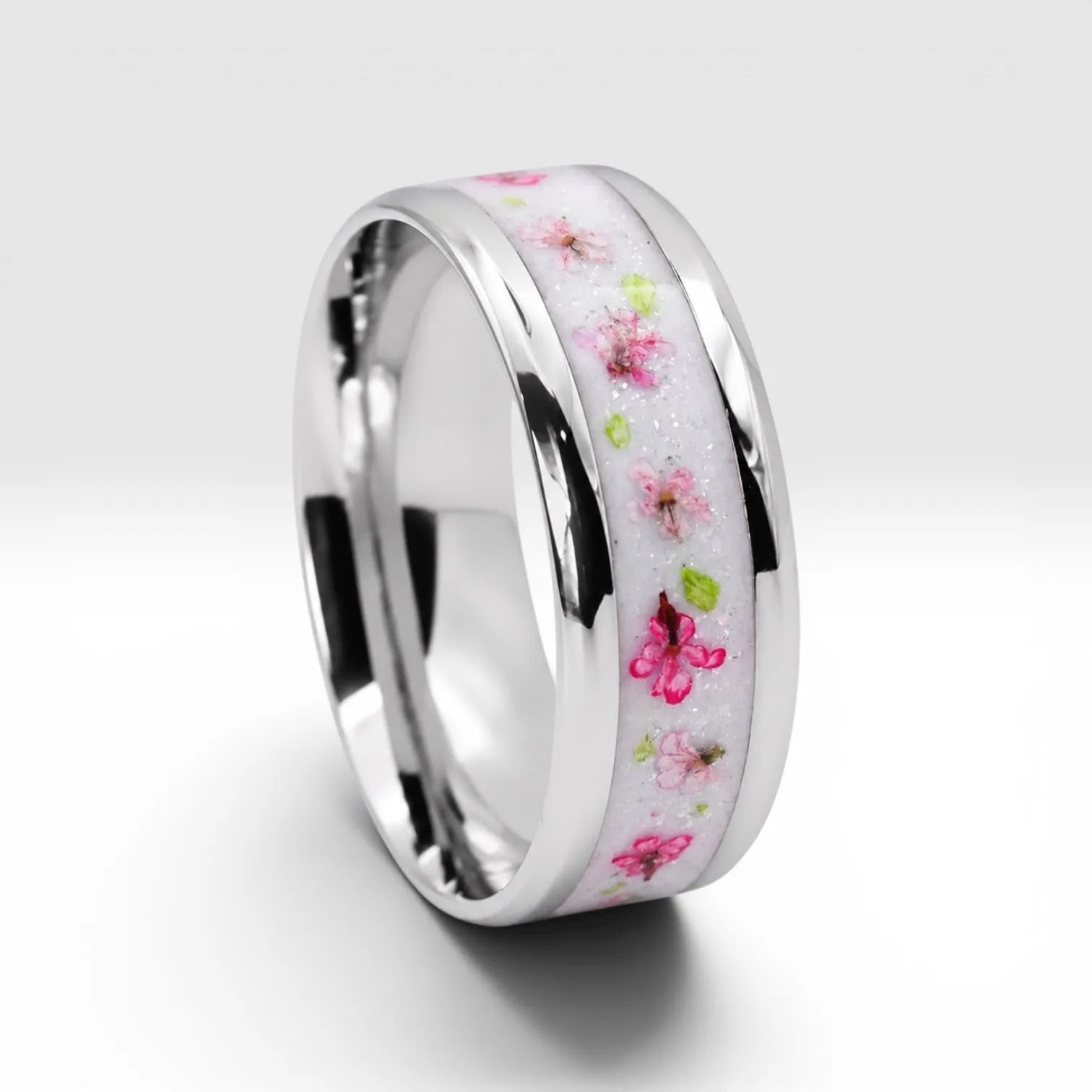 Cobalt ring with real pressed flowers and shimmering inlay, polished band with nature inspired design