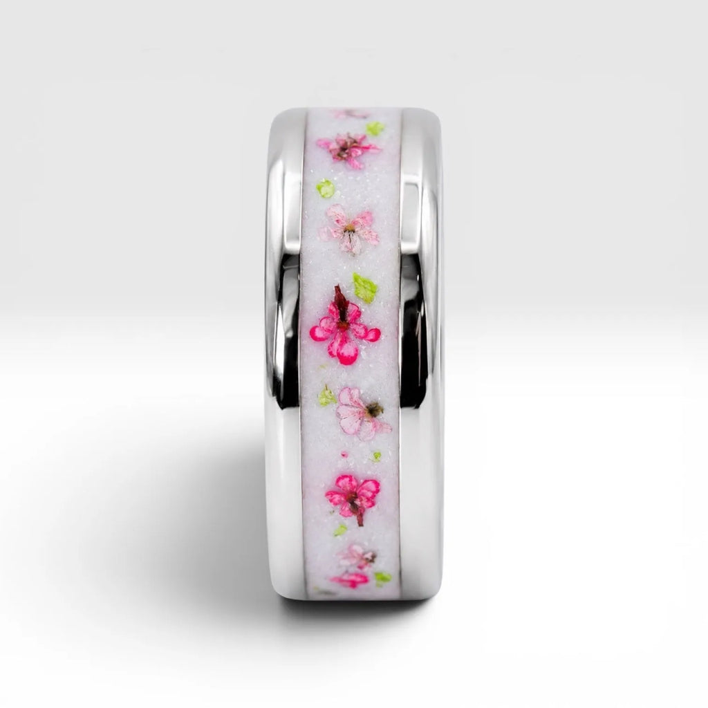 Cobalt ring with real pressed flowers and shimmering inlay, polished band with nature inspired design