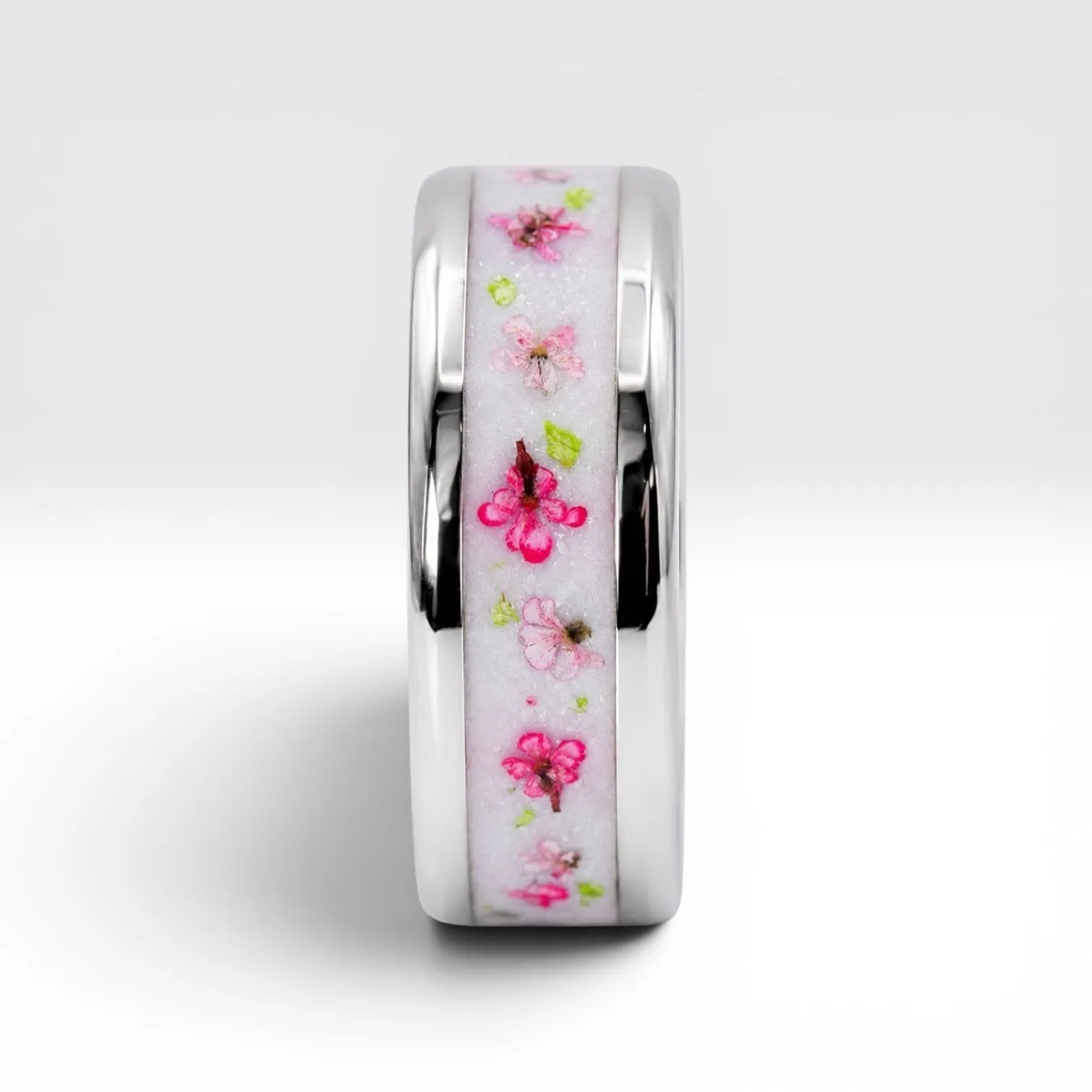 Cobalt ring with real pressed flowers and shimmering inlay, polished band with nature inspired design