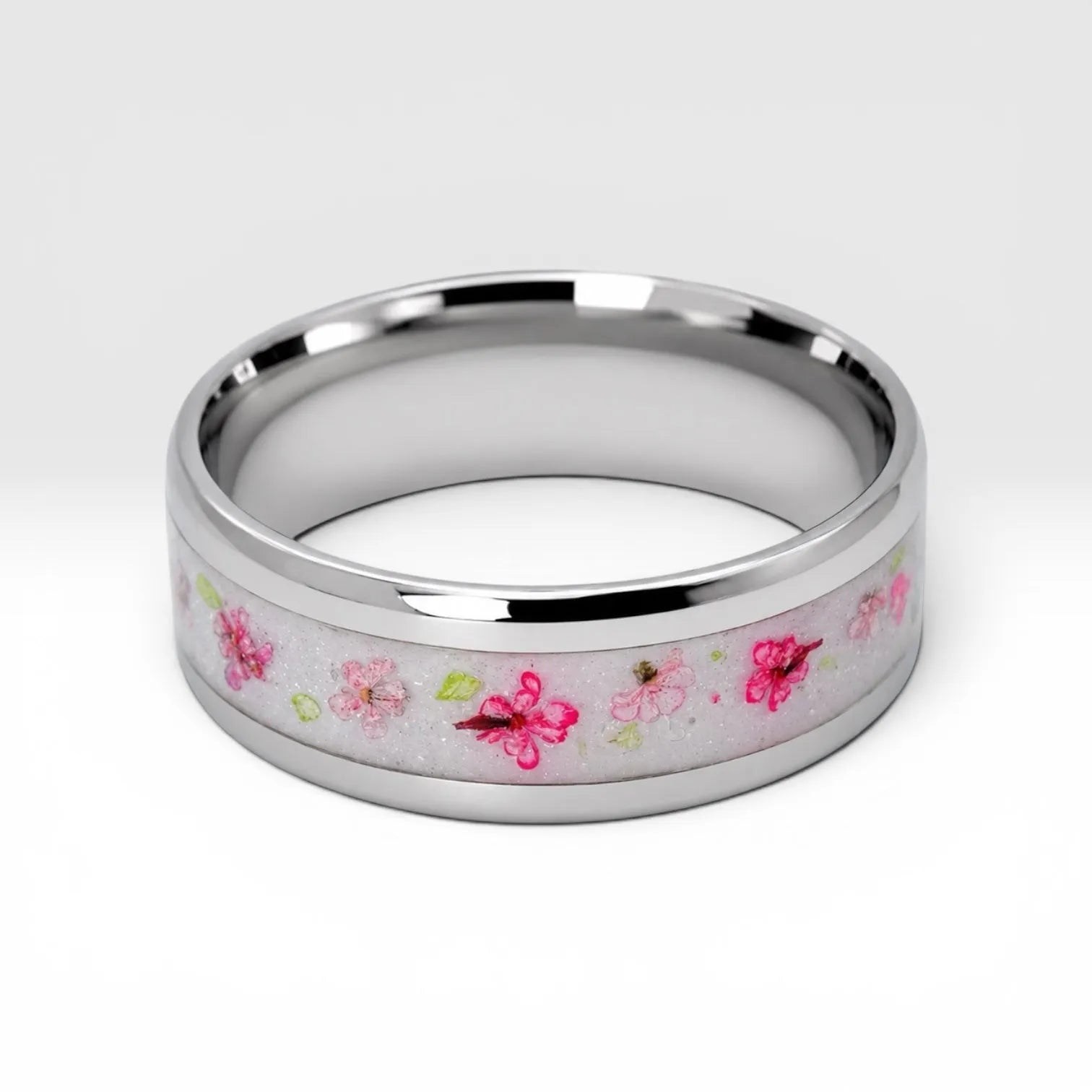 Cobalt ring with real pressed flowers and shimmering inlay, polished band with nature inspired design