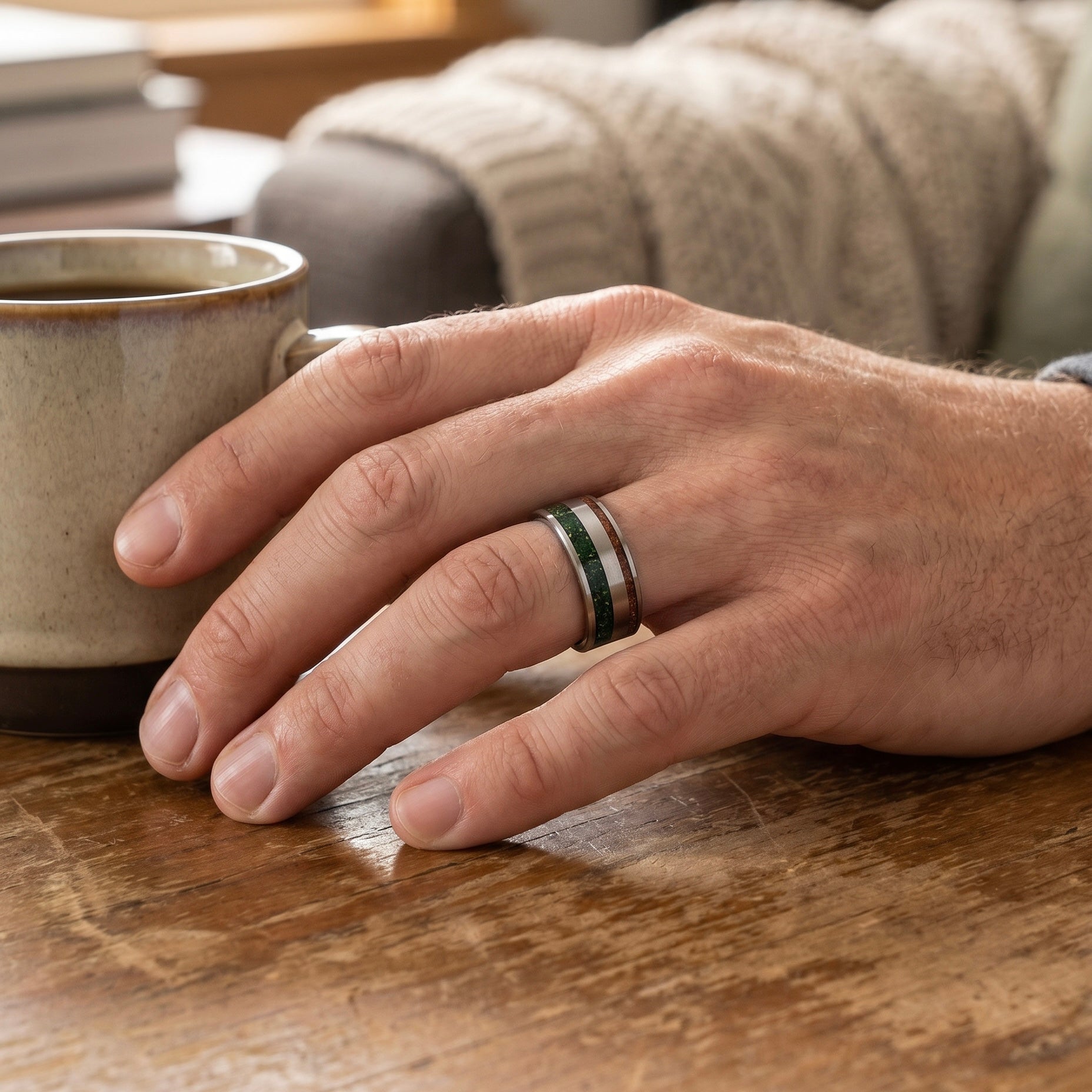 Tungsten ring with bronze guitar string and green goldstone inlay, dual channel design with satin finish