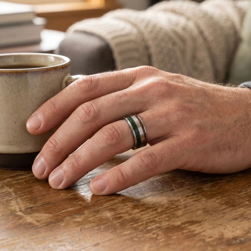 Tungsten ring with bronze guitar string and green goldstone inlay, dual channel design with satin finish