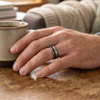 Tungsten ring with bronze guitar string and green goldstone inlay, dual channel design with satin finish