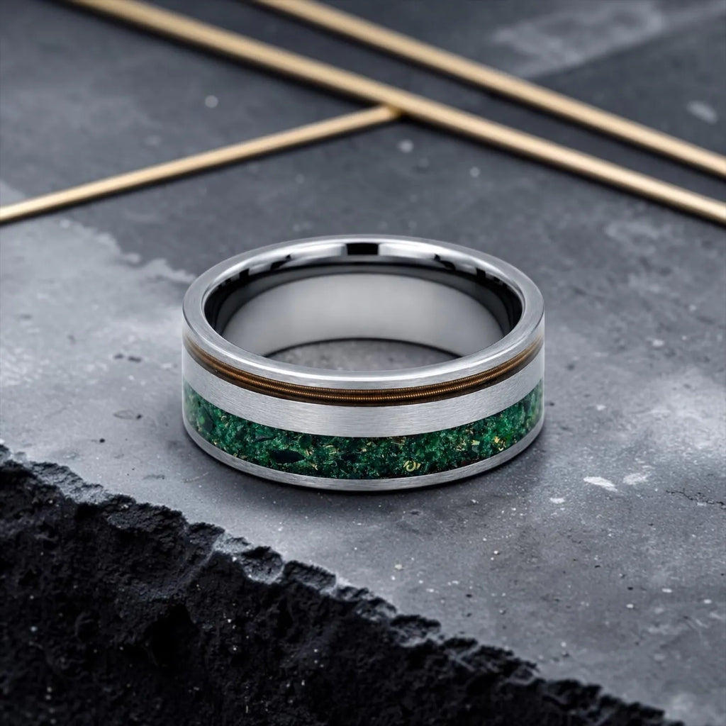 Tungsten ring with bronze guitar string and green goldstone inlay, dual channel design with satin finish