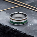 Tungsten ring with bronze guitar string and green goldstone inlay, dual channel design with satin finish
