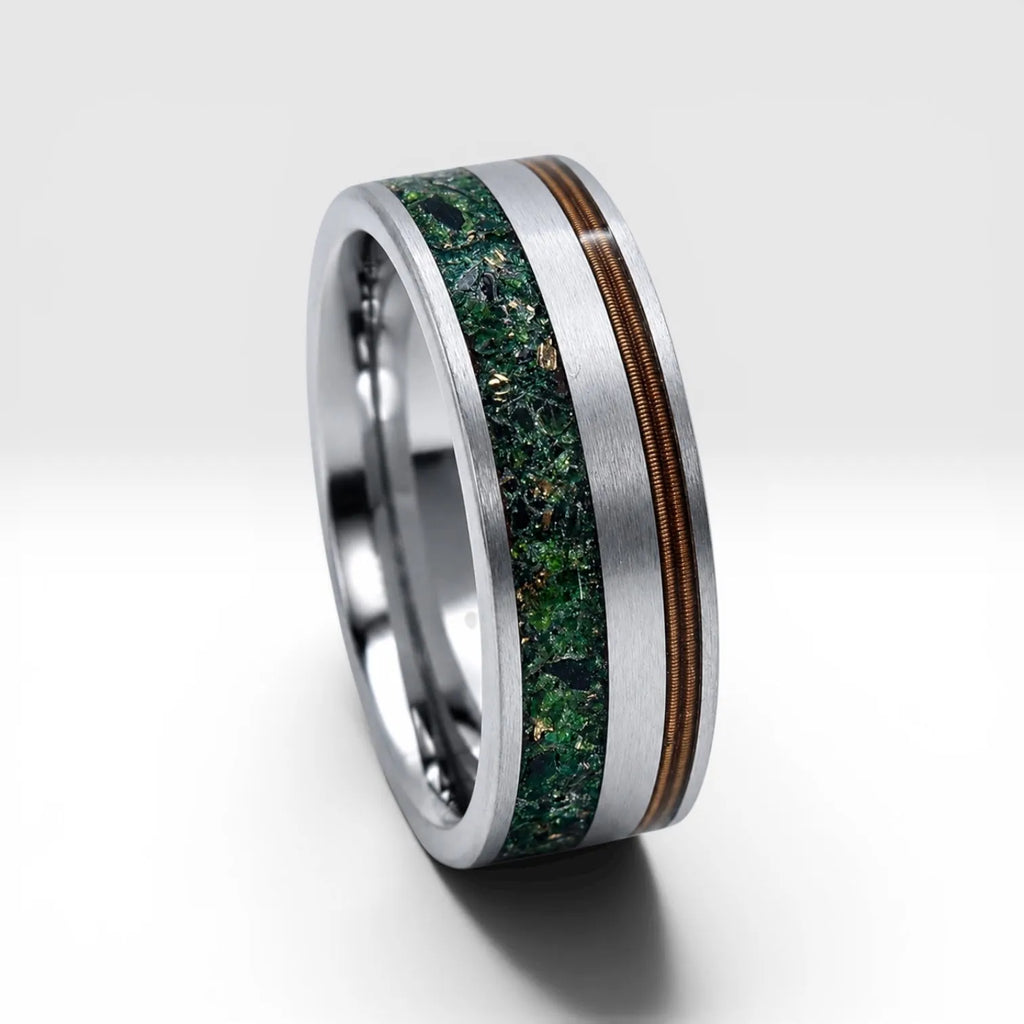 Tungsten ring with bronze guitar string and green goldstone inlay, dual channel design with satin finish