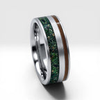 Tungsten ring with bronze guitar string and green goldstone inlay, dual channel design with satin finish
