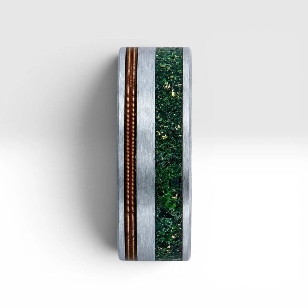 Tungsten ring with bronze guitar string and green goldstone inlay, dual channel design with satin finish